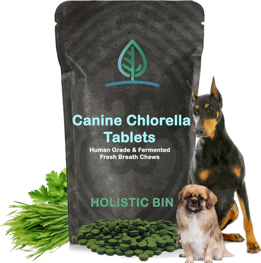 Natural Dog Breath Freshener & Immune Booster Supplement with Human Grade Fermented Chlorella - 100 Vegan Tablets