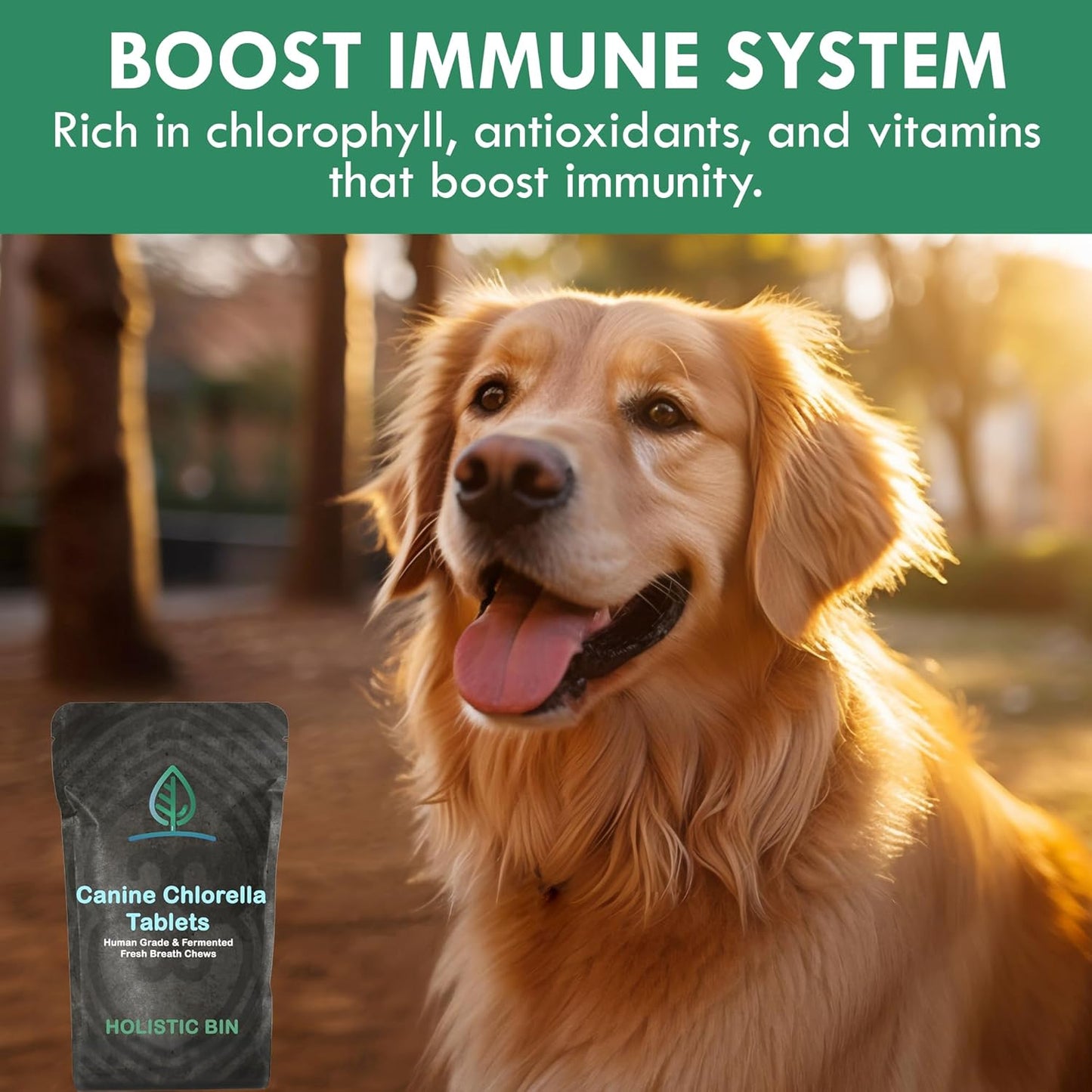 Natural Dog Breath Freshener & Immune Booster Supplement with Human Grade Fermented Chlorella - 100 Vegan Tablets