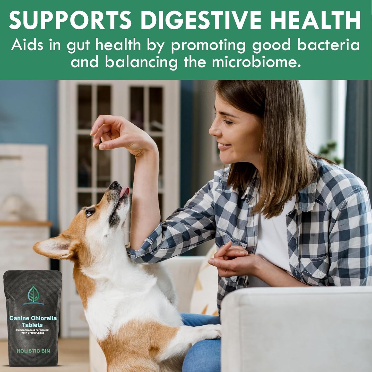 Natural Dog Breath Freshener & Immune Booster Supplement with Human Grade Fermented Chlorella - 100 Vegan Tablets