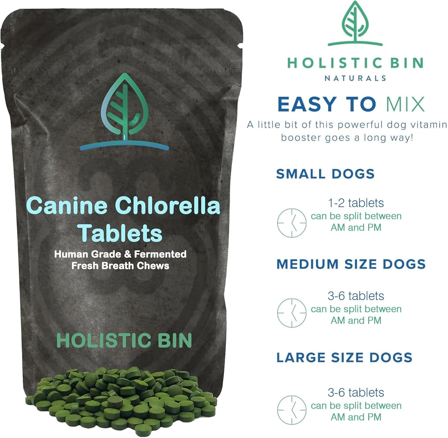 Natural Dog Breath Freshener & Immune Booster Supplement with Human Grade Fermented Chlorella - 100 Vegan Tablets