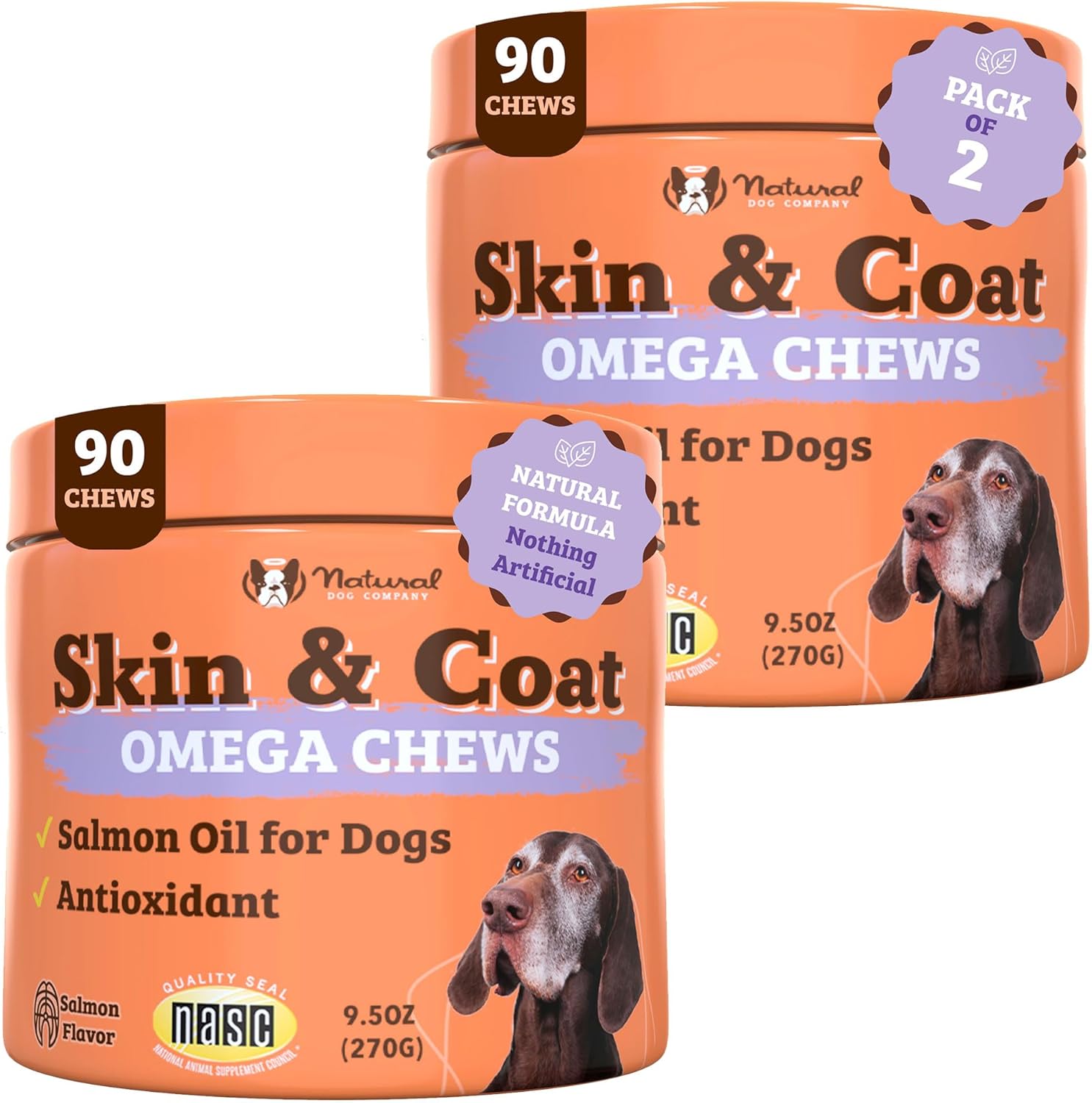 Natural Dog Company Skin and Coat Chews 2-Pack with Salmon & Peas Flavor - Vitamins for Healthy Skin, Coat, Itch Relief, Allergies - Biotin, Vitamin E, Omega 3 Supplement