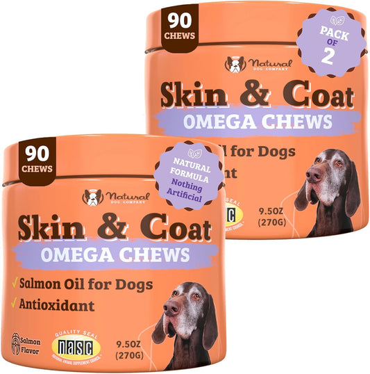 Natural Dog Company Skin and Coat Chews 2-Pack with Salmon & Peas Flavor - Vitamins for Healthy Skin, Coat, Itch Relief, Allergies - Biotin, Vitamin E, Omega 3 Supplement