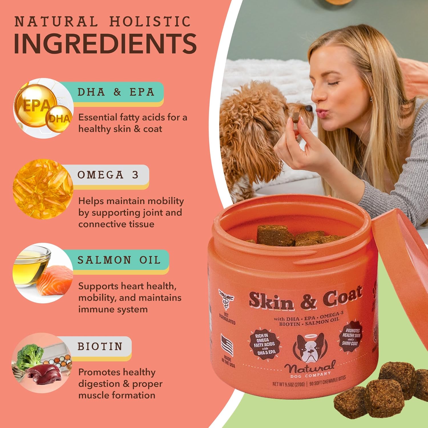 Natural Dog Company Skin and Coat Chews 2-Pack with Salmon & Peas Flavor - Vitamins for Healthy Skin, Coat, Itch Relief, Allergies - Biotin, Vitamin E, Omega 3 Supplement