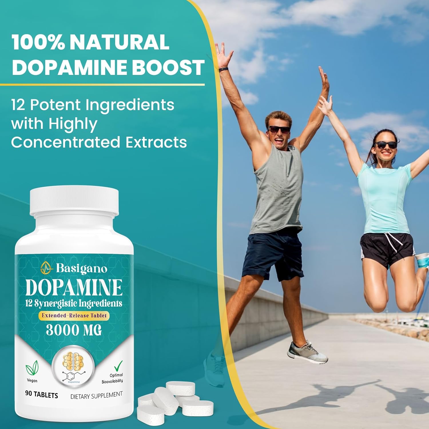 Natural Dopamine Supplement for Energy, Focus, Motivation, Mental Clarity, Mood, Stress Relief - Non-GMO, Gluten-Free - 90 Tablets