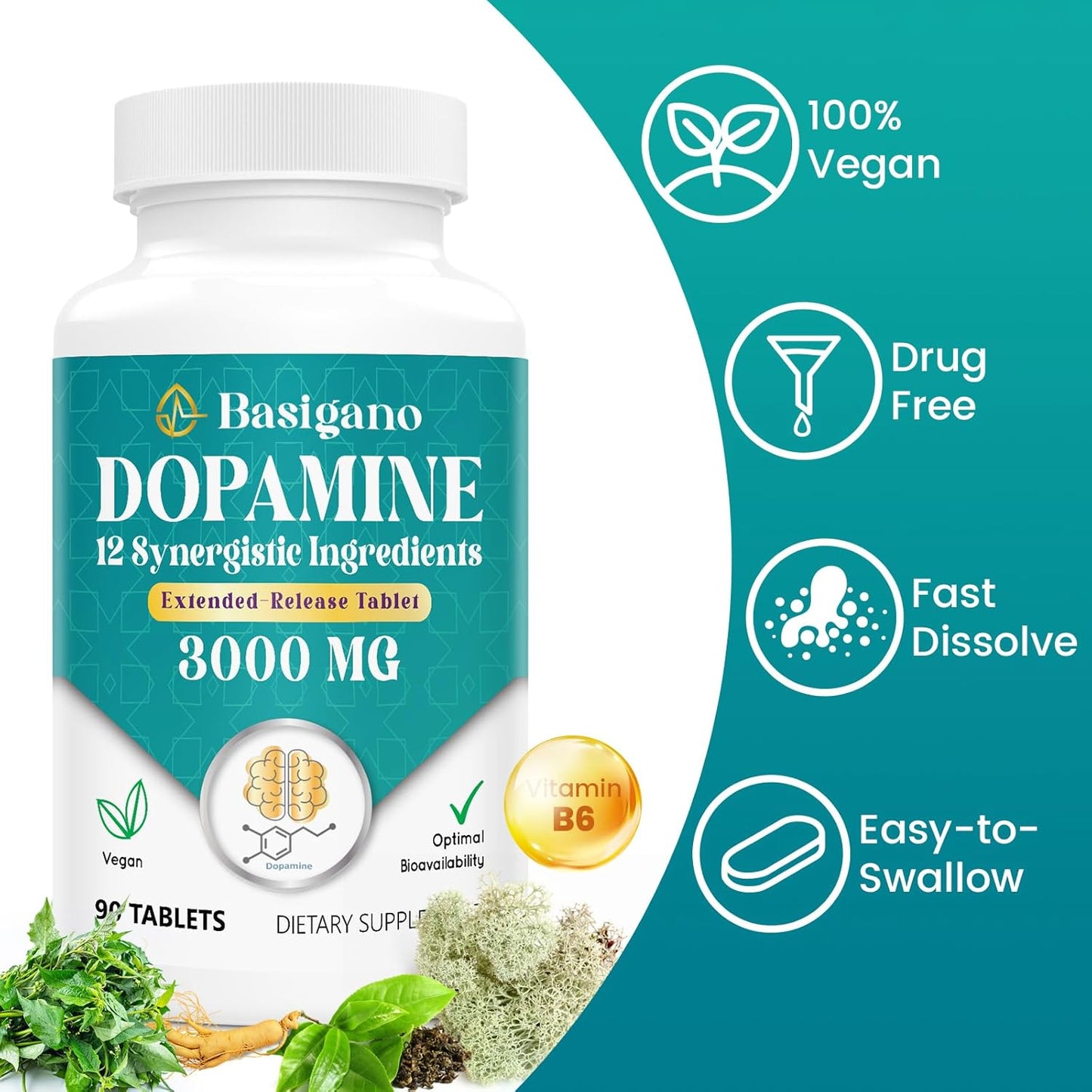 Natural Dopamine Supplement for Energy, Focus, Motivation, Mental Clarity, Mood, Stress Relief - Non-GMO, Gluten-Free - 90 Tablets