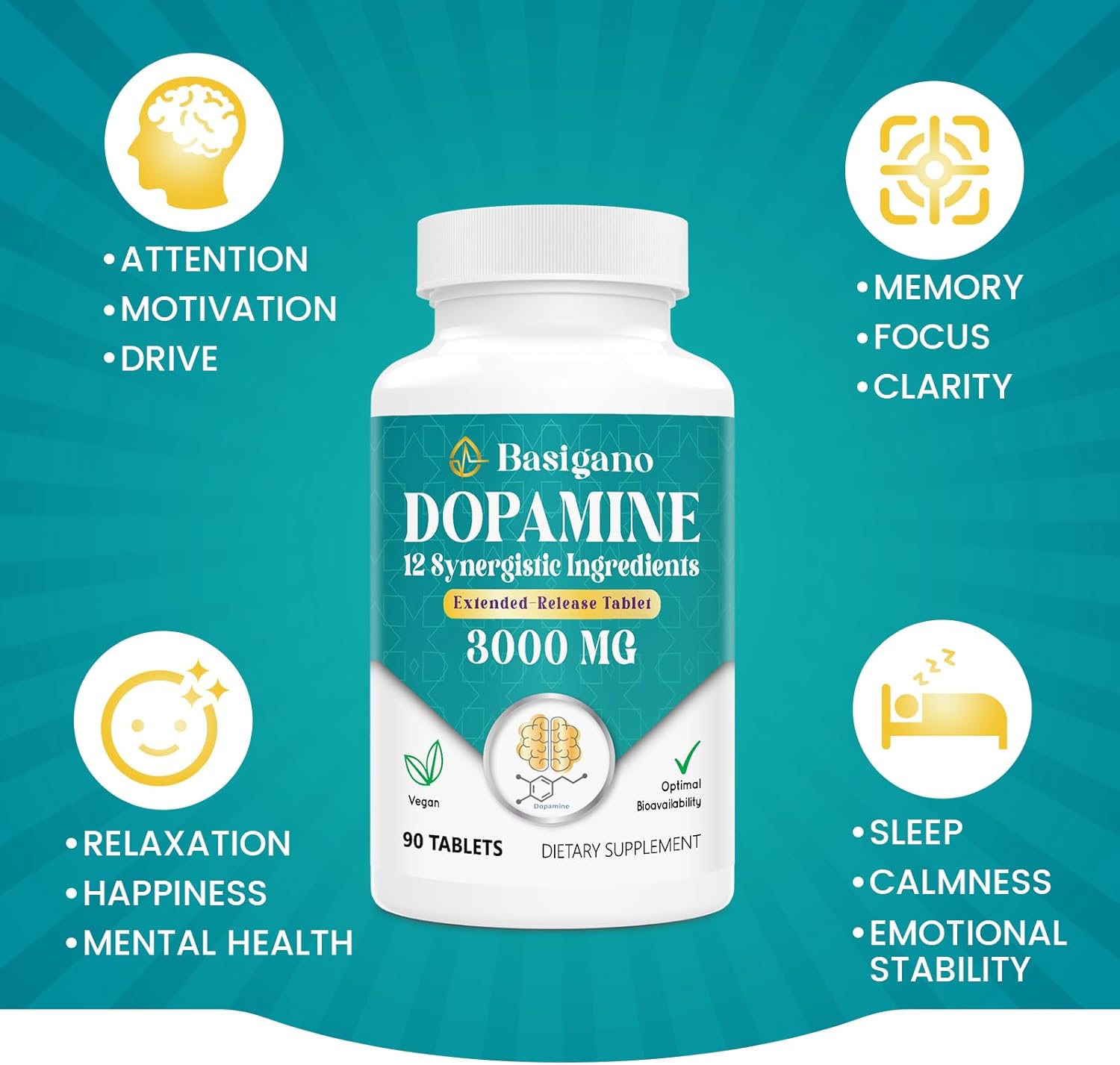 Natural Dopamine Supplement for Energy, Focus, Motivation, Mental Clarity, Mood, Stress Relief - Non-GMO, Gluten-Free - 90 Tablets