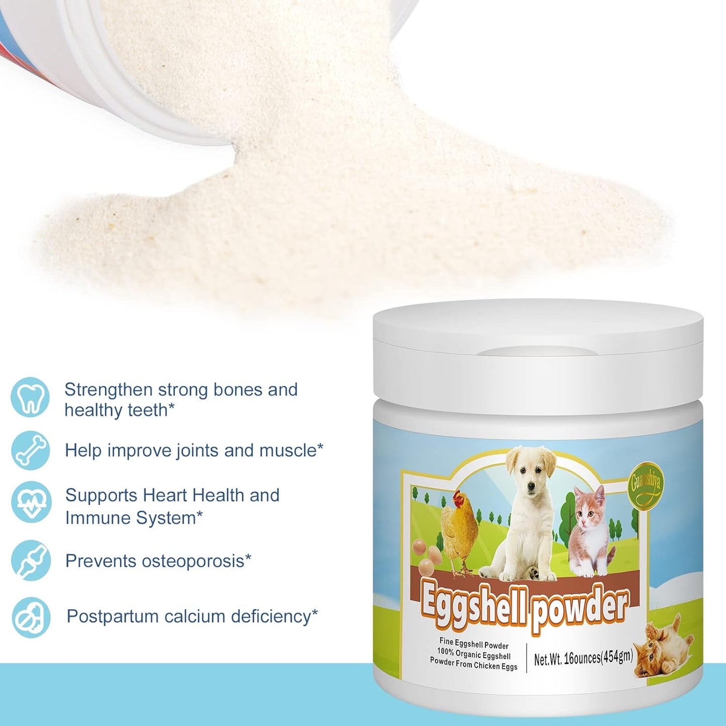 Natural Eggshell Powder Calcium Supplement for Pets (16 oz) - Ideal for Osteoporosis & Whelping - Safe Bone Meal Alternative - Strengthens Bones, Joints, & Teeth