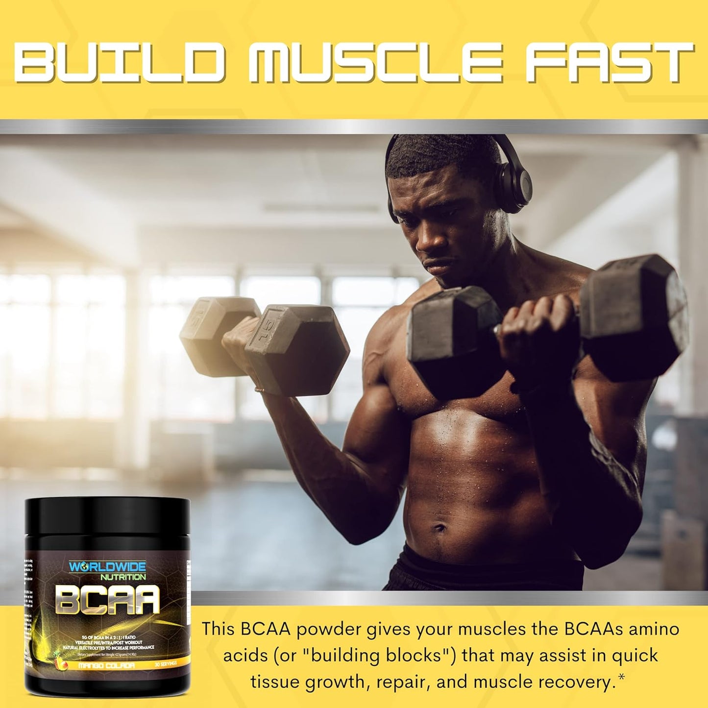 Natural Electrolyte BCAA Powder Supplement with Mango Colada Flavor - Pre Intra Post Workout Energy Drink for Men and Women - 30 Servings
