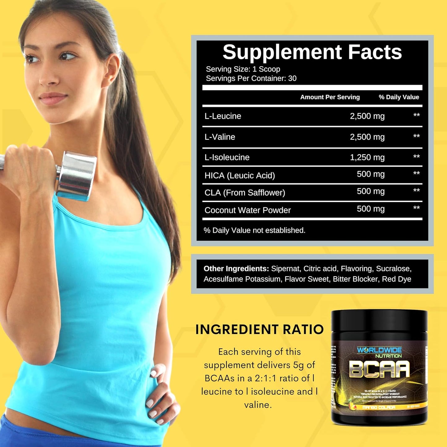 Natural Electrolyte BCAA Powder Supplement with Mango Colada Flavor - Pre Intra Post Workout Energy Drink for Men and Women - 30 Servings