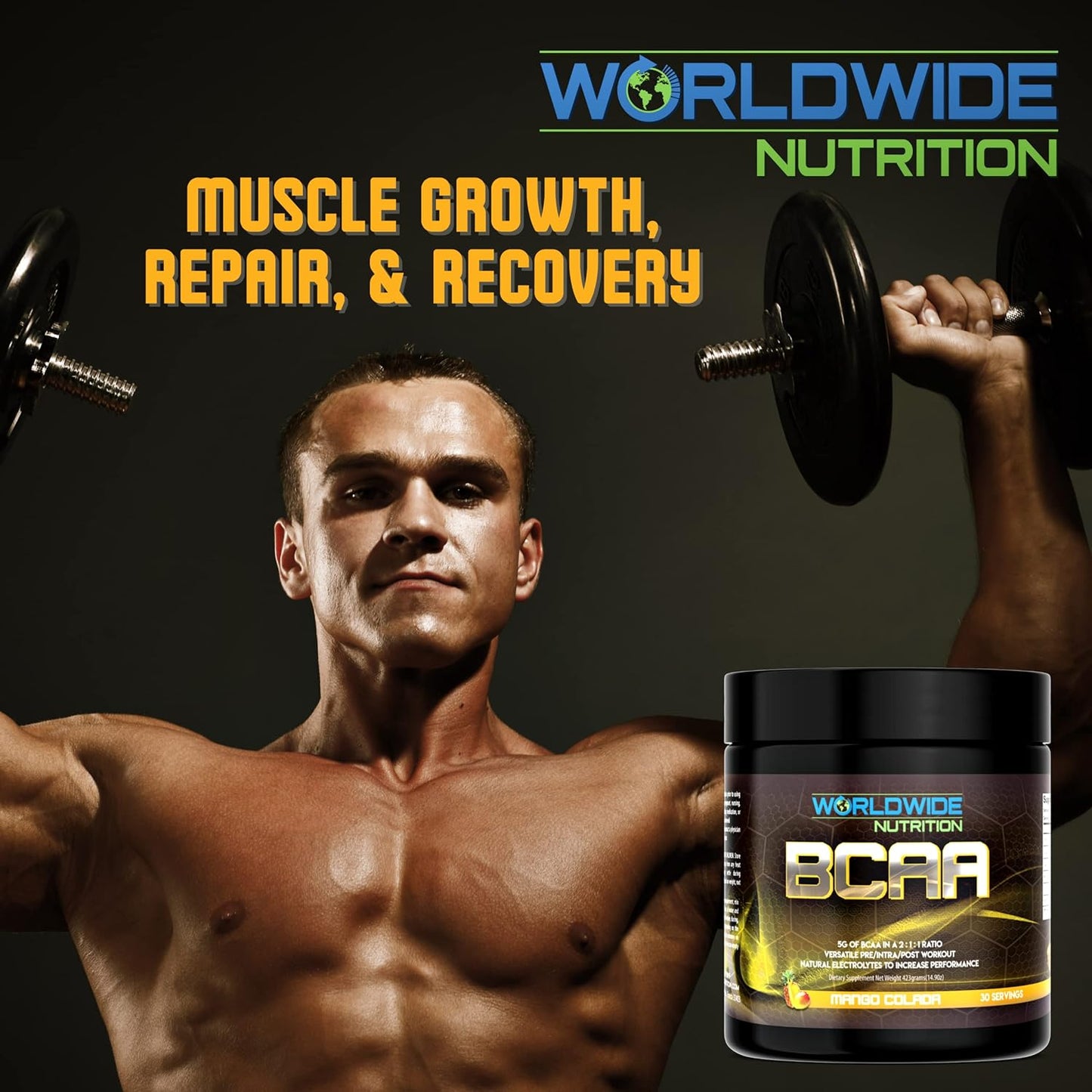 Natural Electrolyte BCAA Powder Supplement with Mango Colada Flavor - Pre Intra Post Workout Energy Drink for Men and Women - 30 Servings