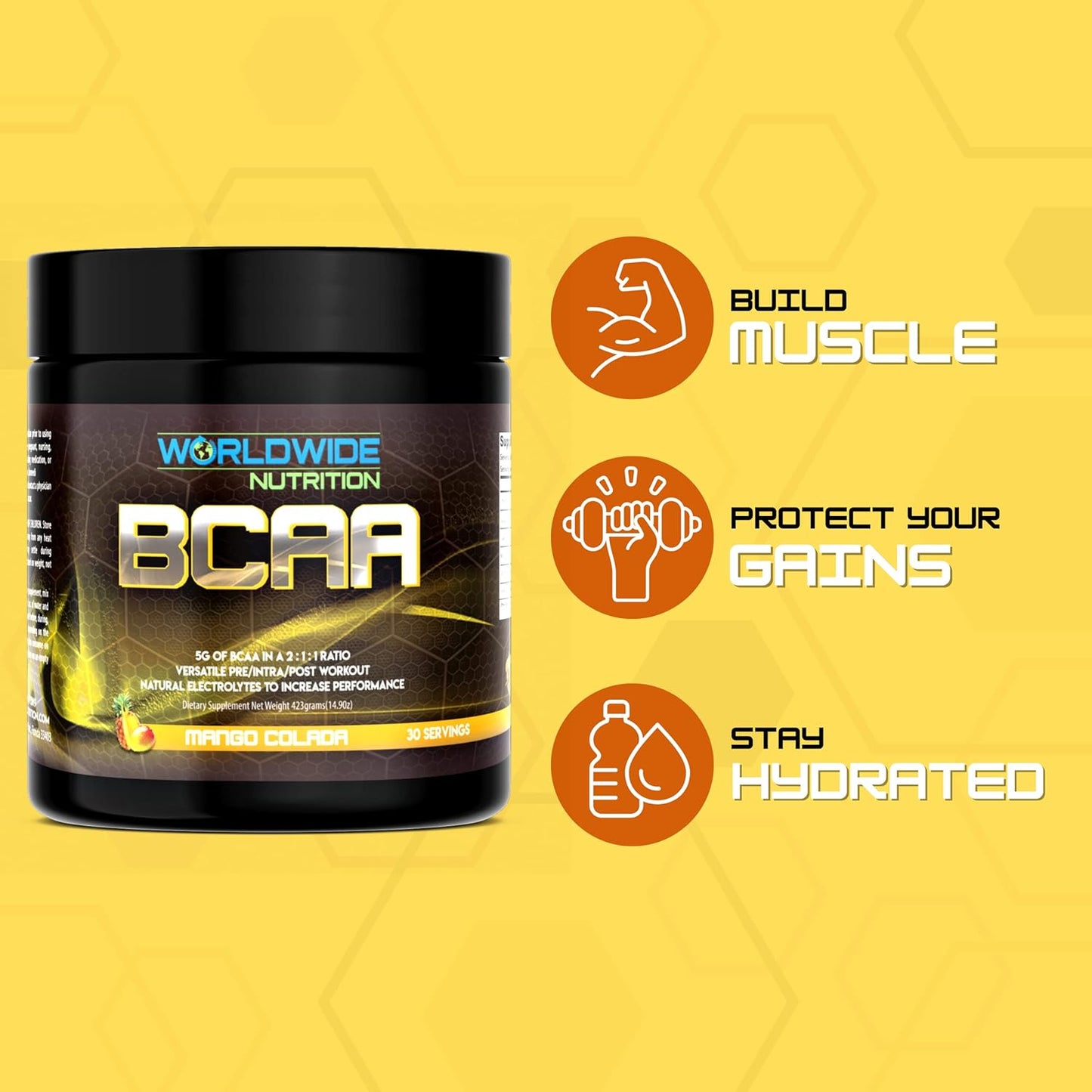 Natural Electrolyte BCAA Powder Supplement with Mango Colada Flavor - Pre Intra Post Workout Energy Drink for Men and Women - 30 Servings