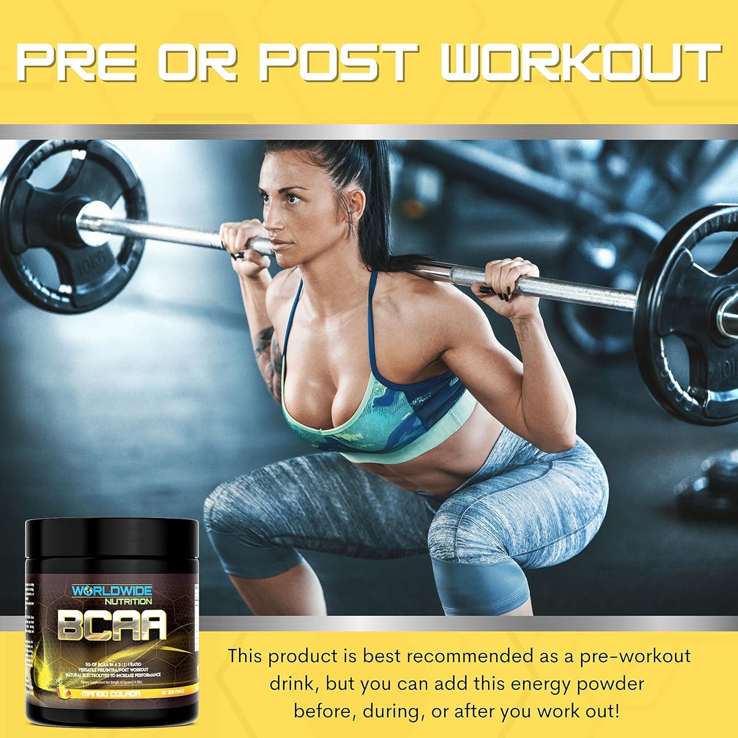 Natural Electrolyte BCAA Powder Supplement with Mango Colada Flavor - Pre Intra Post Workout Energy Drink for Men and Women - 30 Servings
