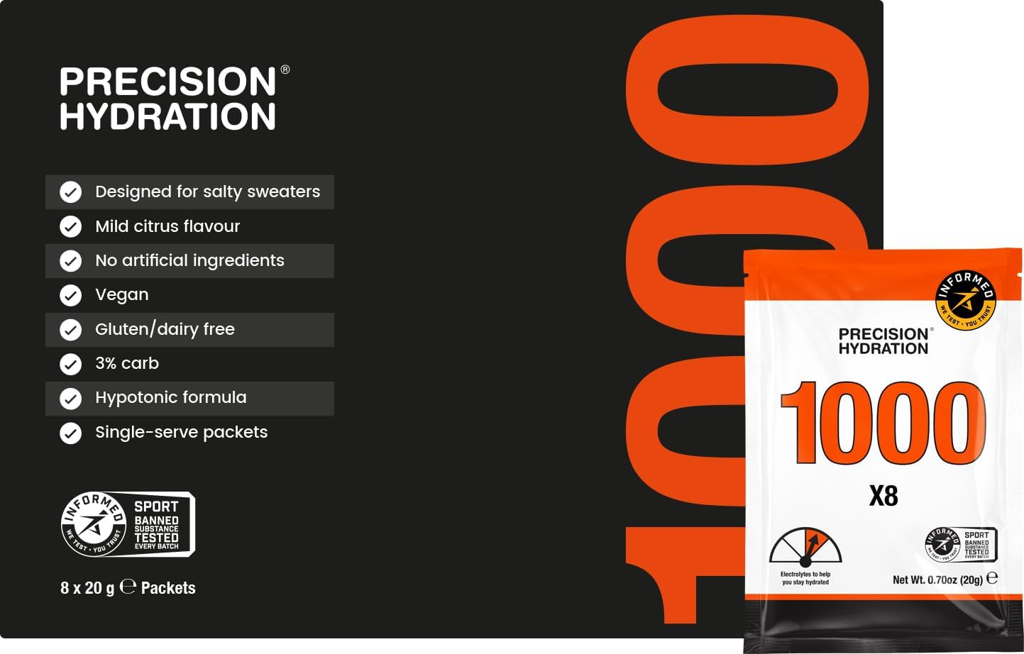 Natural Electrolyte Powder Packets for Precision Hydration - Multi Strength, Waterproof Servings - Gluten Free, 8 Packets, 1000mg/L-Orange