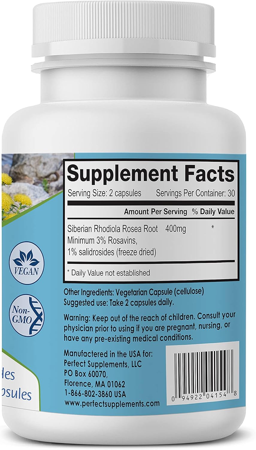 Natural Energy and Focus Boosting Supplement: Perfect Rhodiola Rosea Capsules - 60 Count (2 Pack)