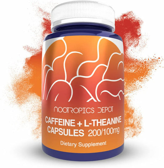 Natural Energy and Focus Supplement | Nootropics Depot Caffeine + L-Theanine Capsules | 60 Ct | 200mg Caffeine + 100mg L-Theanine | Mental Alertness + Boost