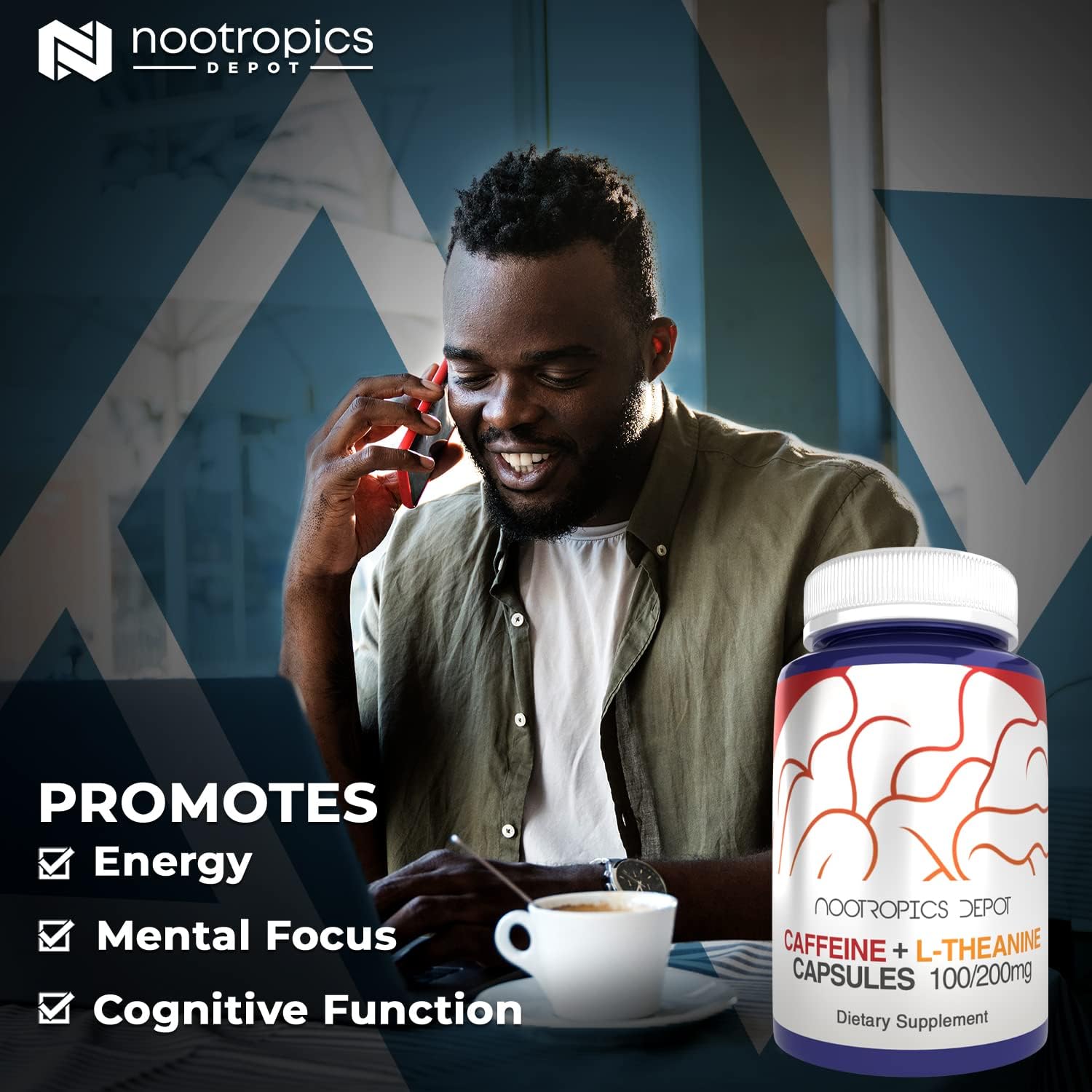Natural Energy and Focus Supplement | Nootropics Depot Caffeine + L-Theanine Capsules | 60 Ct | 200mg Caffeine + 100mg L-Theanine | Mental Alertness + Boost