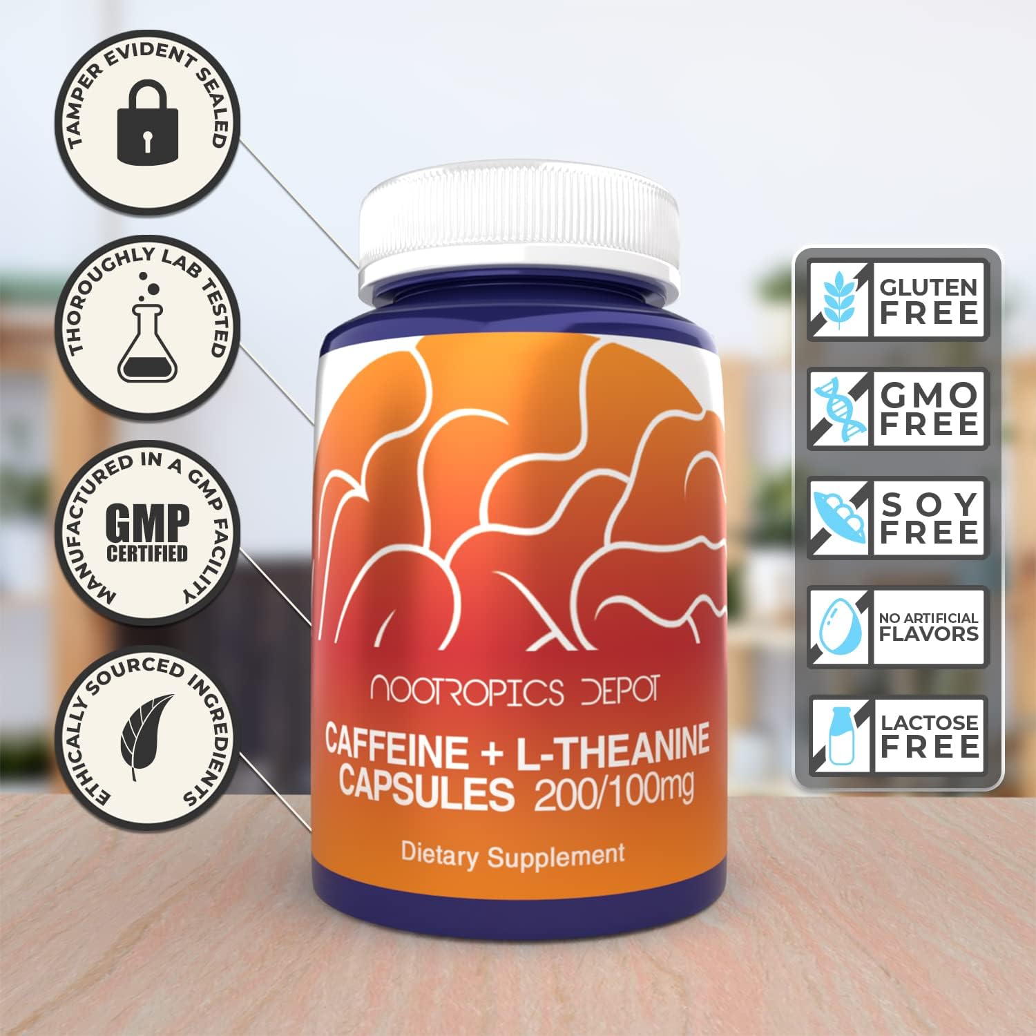 Natural Energy and Focus Supplement | Nootropics Depot Caffeine + L-Theanine Capsules | 60 Ct | 200mg Caffeine + 100mg L-Theanine | Mental Alertness + Boost