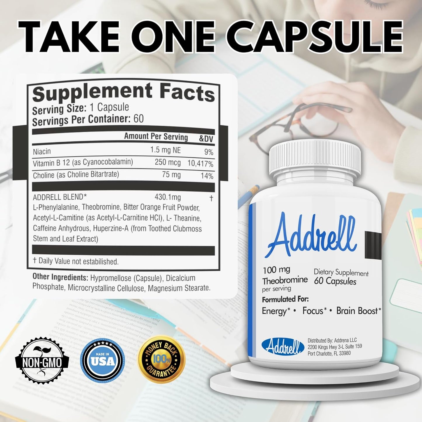 Natural Energy and Focus Supplement Pills for Mental Clarity - 60 Capsules