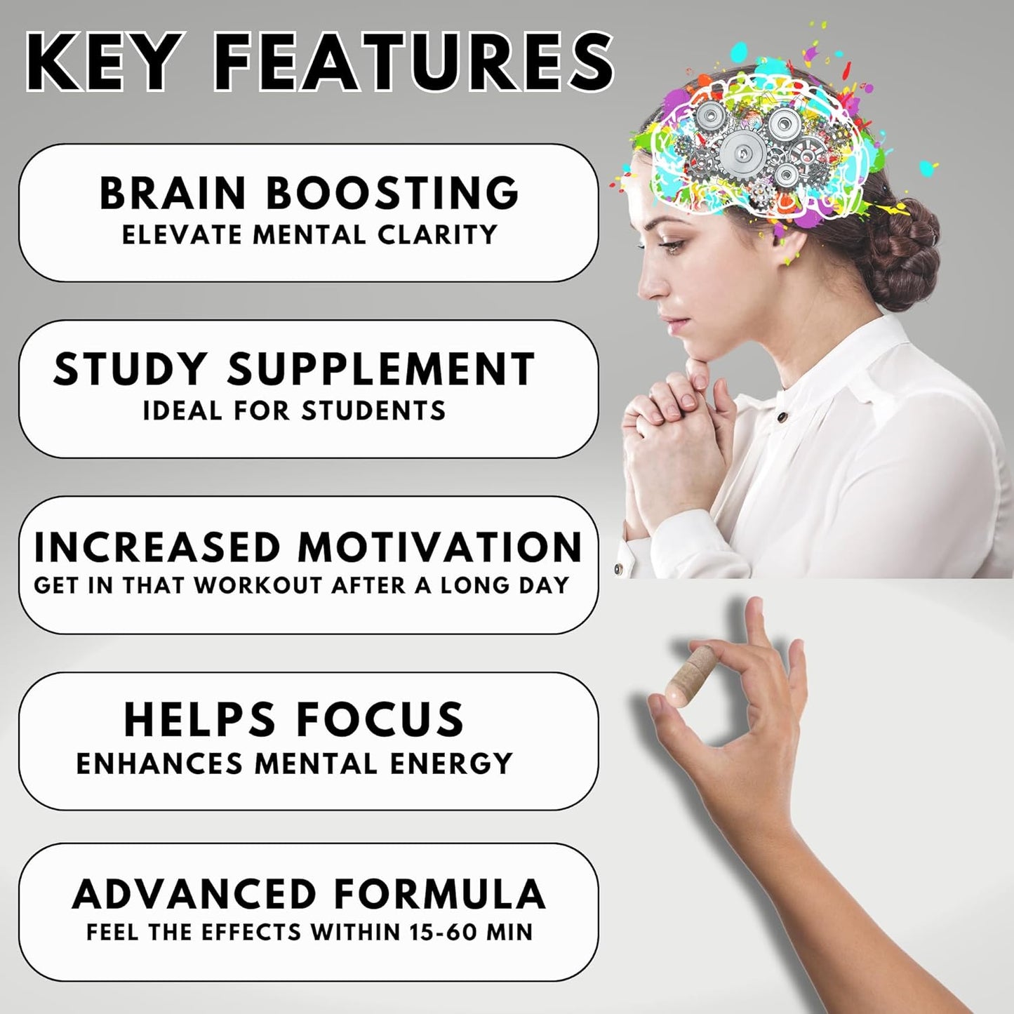 Natural Energy and Focus Supplement Pills for Mental Clarity - 60 Capsules