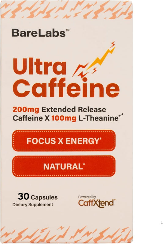 Natural Energy Boost Supplement with 200mg Caffeine + 100mg L-Theanine, Extended Release Formula for Sustained Alertness - 30 Capsules