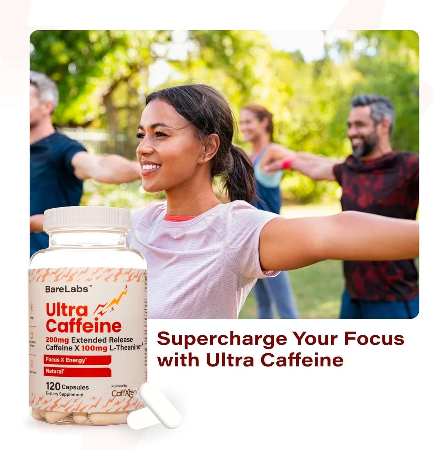 Natural Energy Boost Supplement with 200mg Caffeine + 100mg L-Theanine, Extended Release Formula for Sustained Alertness - 30 Capsules