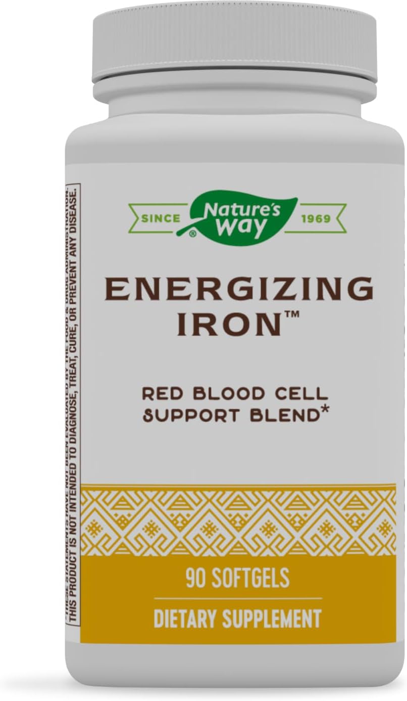 Natural Energy Boost with Iron & B12 - Supports Red Blood Cells - 8 mg Iron, 200 mcg Cyanocobalamin - Gluten Free - 90 Softgels