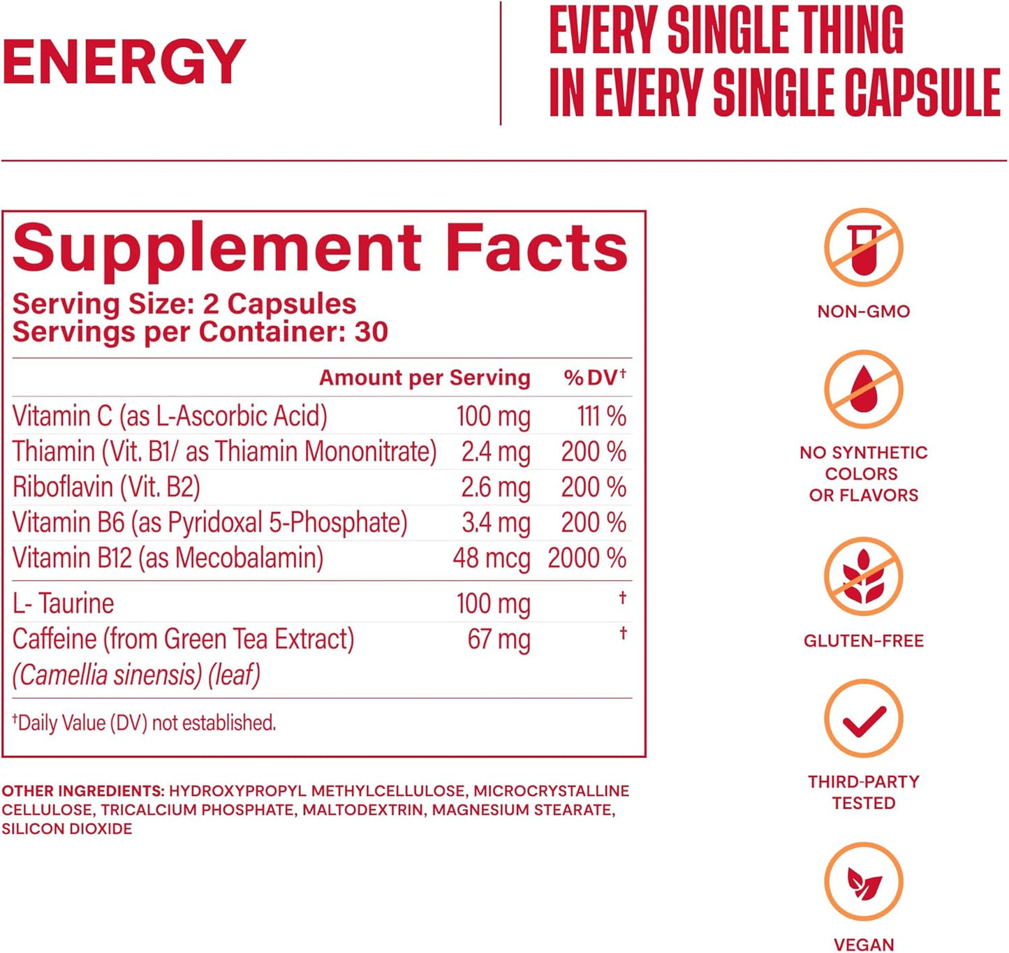 Natural Energy Boosting Supplement 2 Pack - Supports Focus & Alertness with Vitamins B & C, Green Tea Extract - Vegan & Non-GMO - 120 Capsules