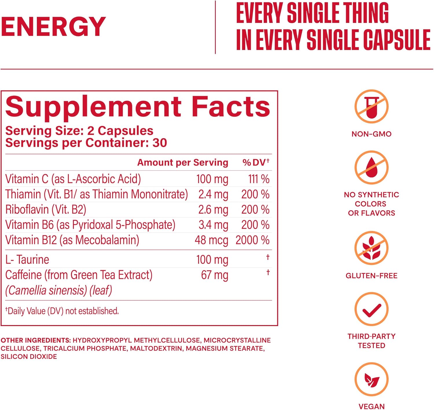 Natural Energy Boosting Supplement 2 Pack - Supports Focus & Alertness with Vitamins B & C, Green Tea Extract - Vegan & Non-GMO - 120 Capsules