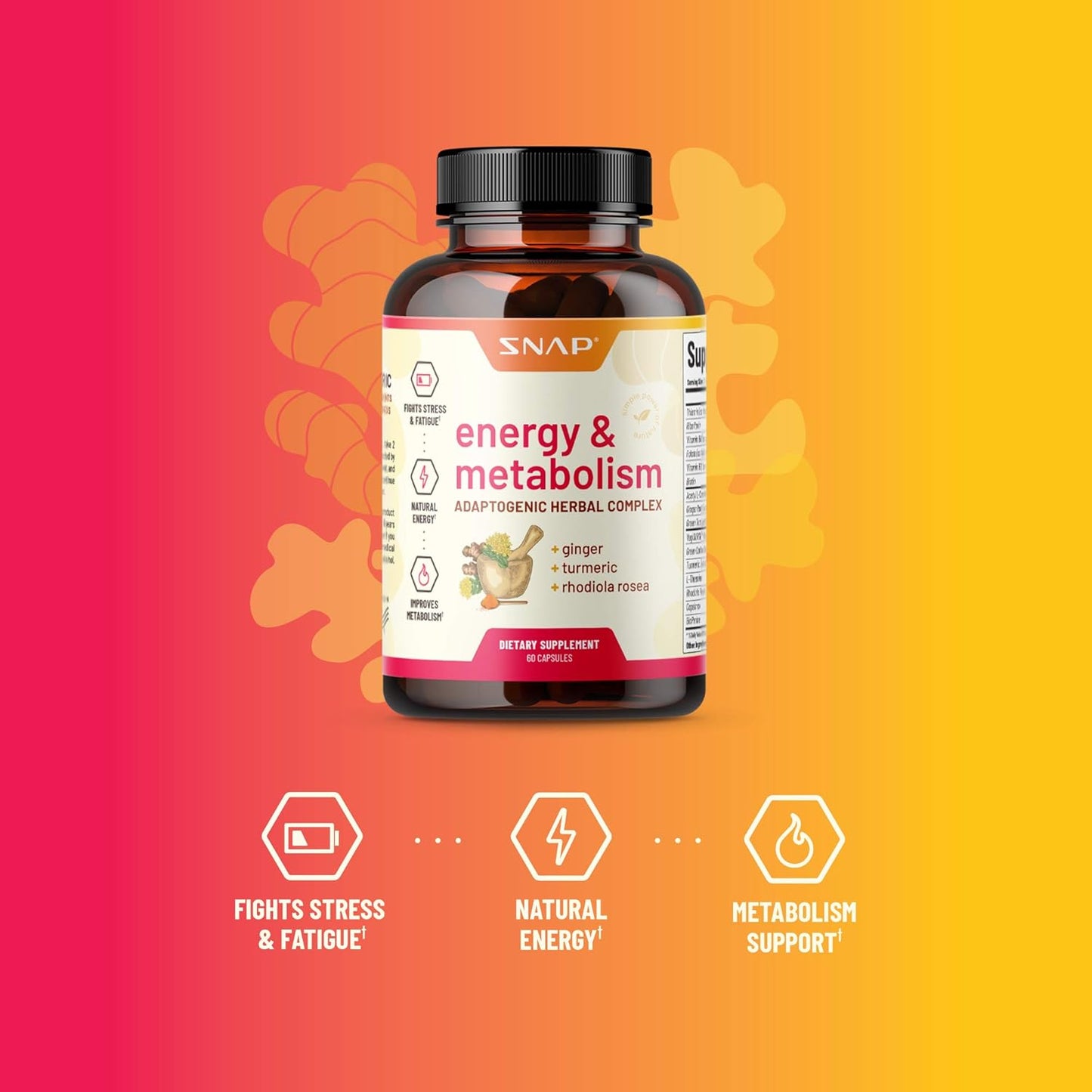 Natural Energy Boosting Supplements for Women and Men - Metabolism Support, Stress Relief, Mood Enhancement - Ginger, Turmeric, Rhodiola Rosea - 60 Capsules
