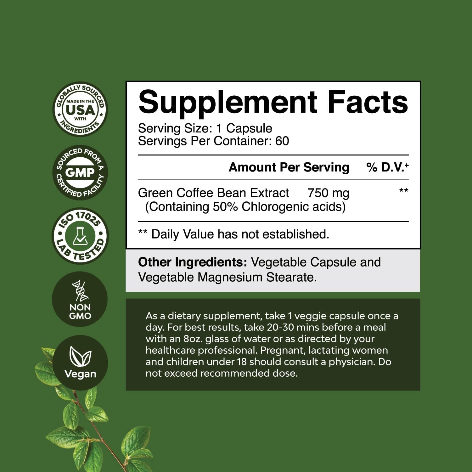 Natural Energy Supplement: Green Coffee Bean Extract with 50% Chlorogenic Acid for Heart Health, Mental Focus, and Size Reduction - Natures Craft