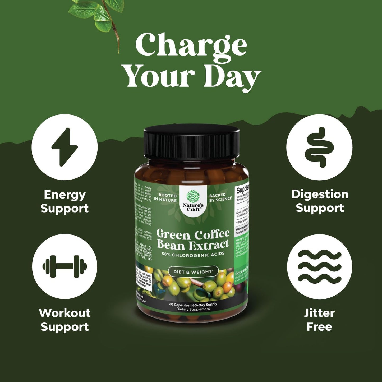Natural Energy Supplement: Green Coffee Bean Extract with 50% Chlorogenic Acid for Heart Health, Mental Focus, and Size Reduction - Natures Craft