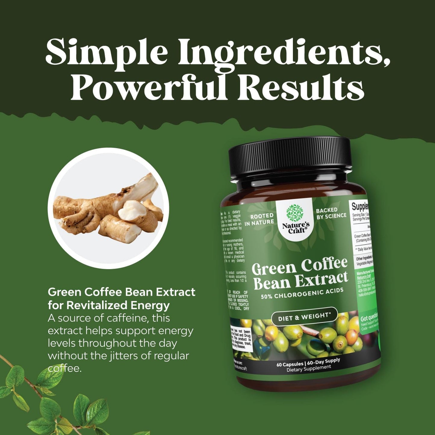 Natural Energy Supplement: Green Coffee Bean Extract with 50% Chlorogenic Acid for Heart Health, Mental Focus, and Size Reduction - Natures Craft