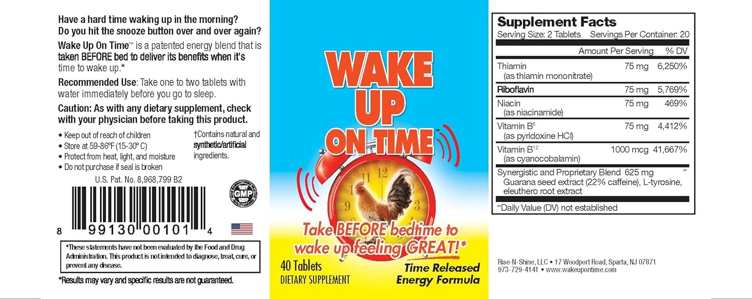 Natural Energy Supplement Tablets for Morning Alertness & Focus - Boost Productivity with Rise-N-Shine Wake Up On Time - 40 Count