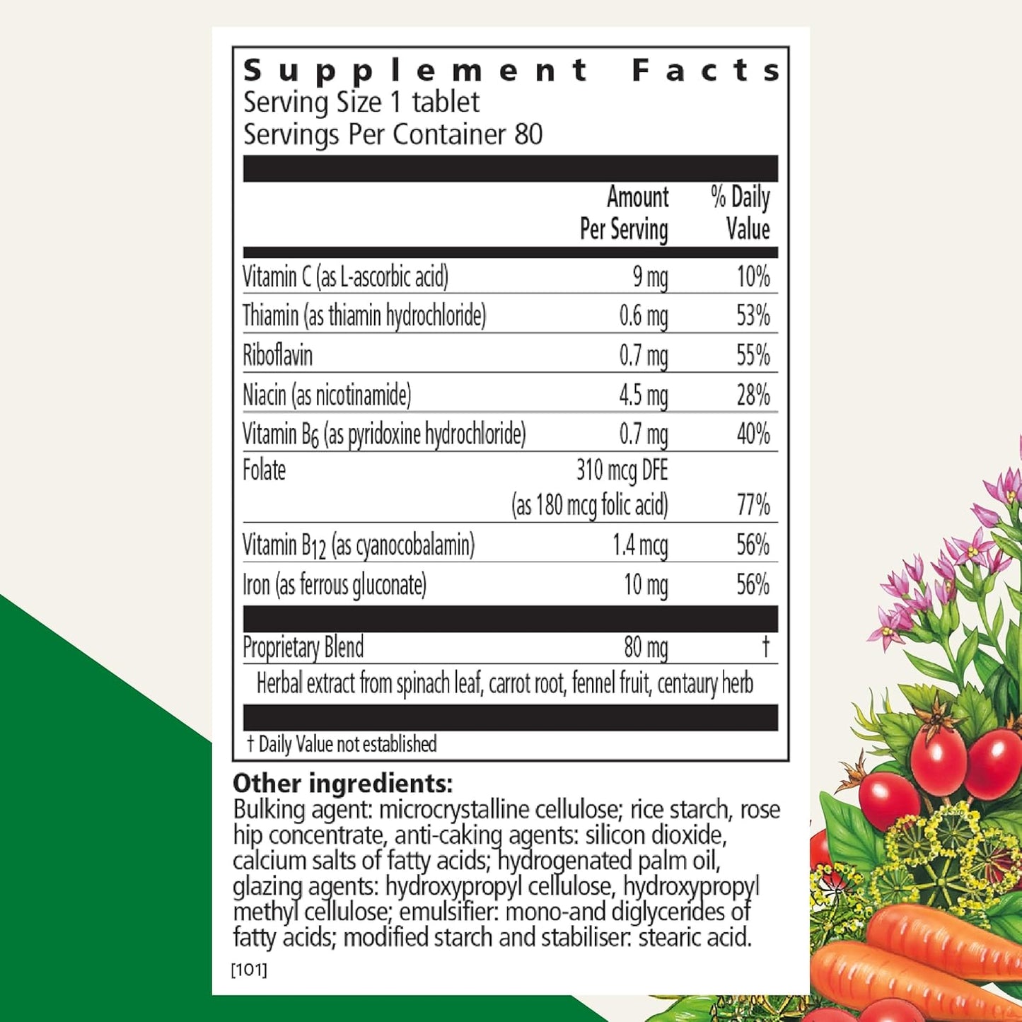 Natural Energy Support Supplement with Iron, B Vitamins, and Vitamin C - Non-GMO, Vegetarian, and Lactose-Free - 80 Tablets