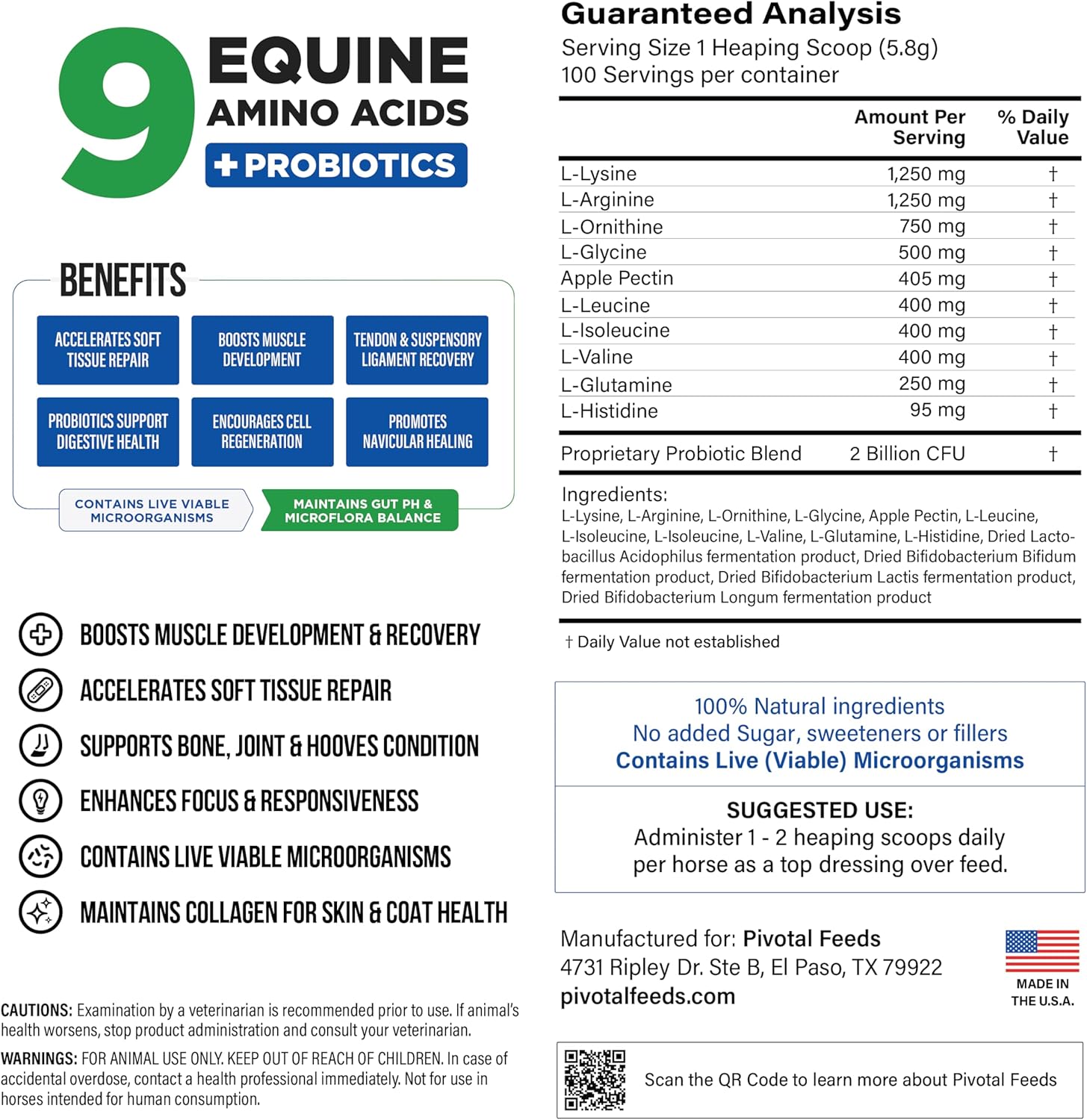 Natural Equine Joint Support Supplement with 9 Amino Acids and Probiotics for Horses - Total Recovery Formula - No Added Sugar - 100 Servings
