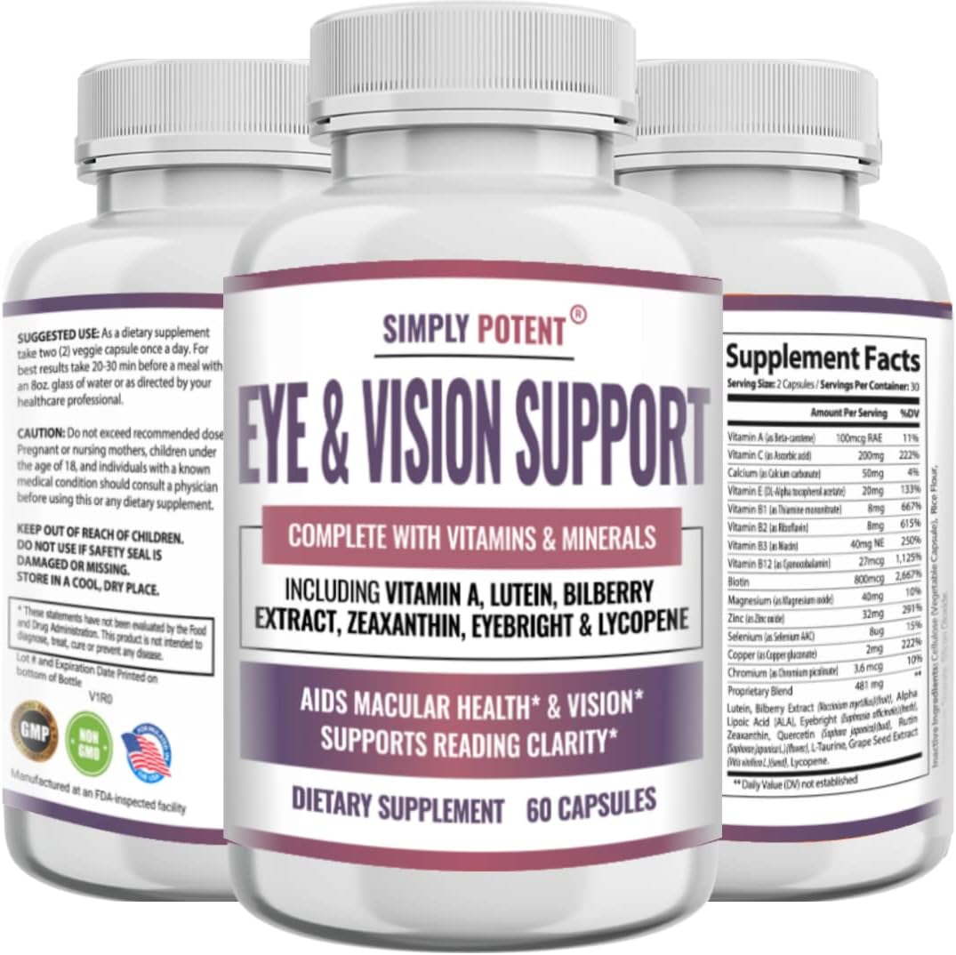 Natural Eye Health Supplement for Adults with Lutein, Zeaxanthin, Bilberry Extract, Eyebright, and Lycopene - 60 Capsules