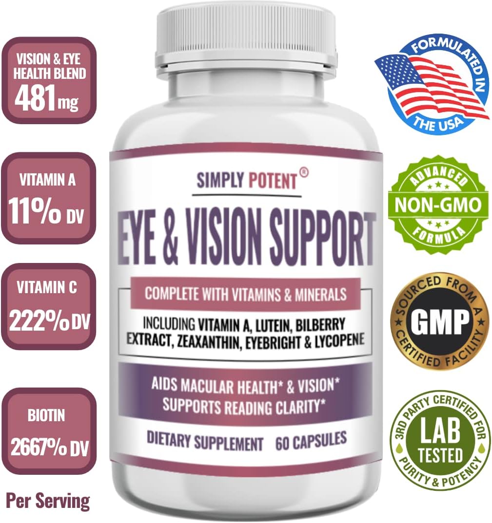 Natural Eye Health Supplement for Adults with Lutein, Zeaxanthin, Bilberry Extract, Eyebright, and Lycopene - 60 Capsules