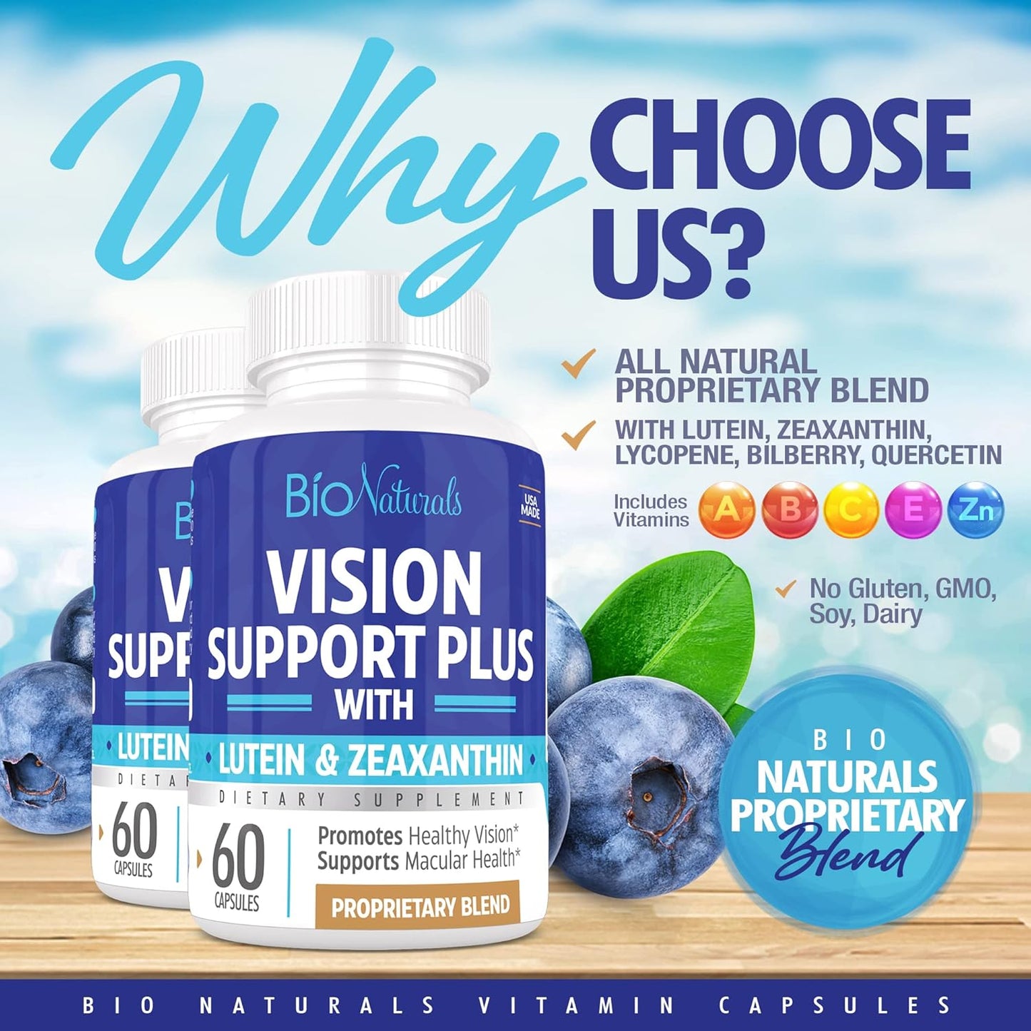 Natural Eye Vitamin Supplement with Lutein, Zeaxanthin, Lycopene, Bilberry, Quercetin - Supports Vision & Macular Health - 60 Capsules
