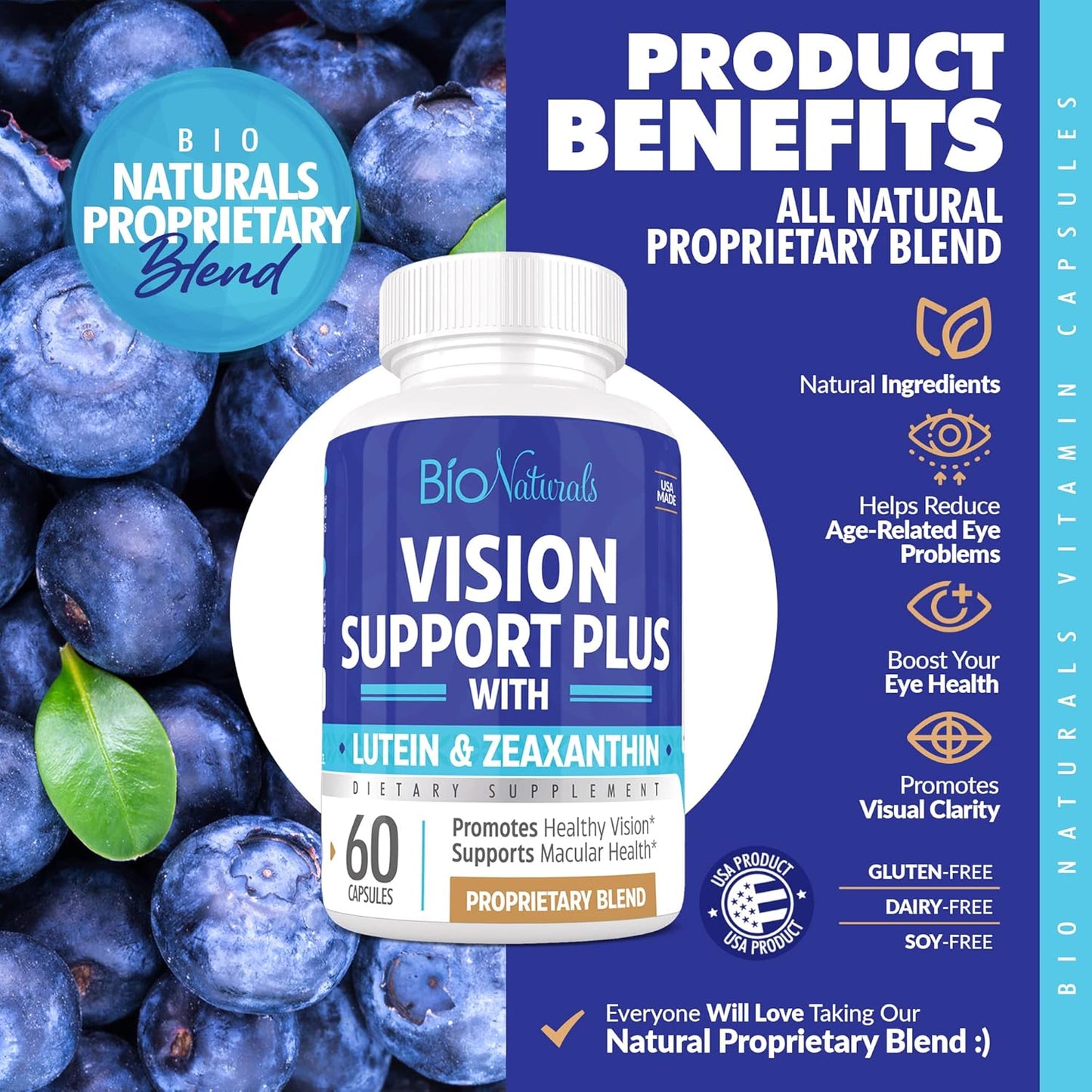Natural Eye Vitamin Supplement with Lutein, Zeaxanthin, Lycopene, Bilberry, Quercetin - Supports Vision & Macular Health - 60 Capsules