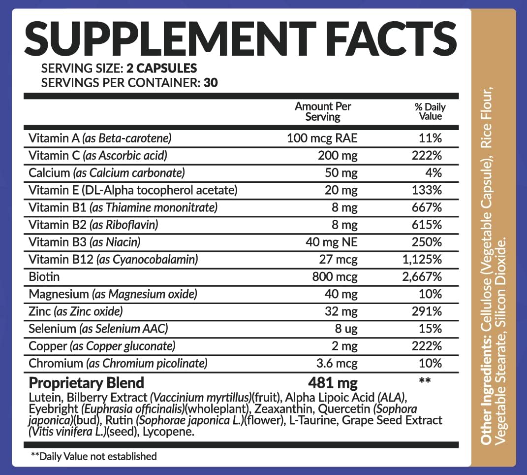 Natural Eye Vitamin Supplement with Lutein, Zeaxanthin, Lycopene, Bilberry, Quercetin - Supports Vision & Macular Health - 60 Capsules