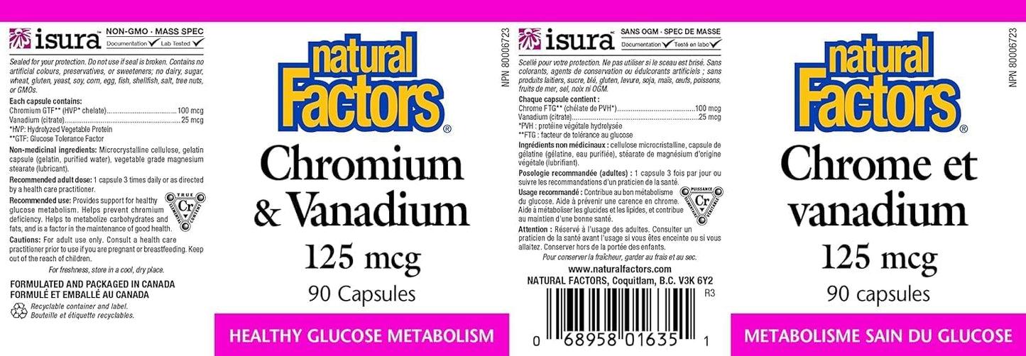 Natural Factors Chromium & Vanadium 125 mcg Capsules for Healthy Metabolism - 90 Count