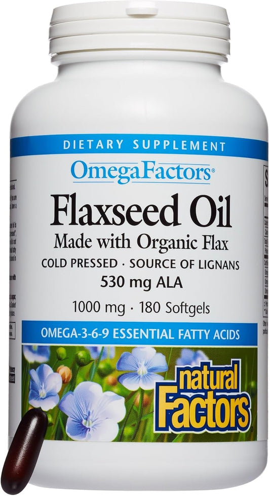 Natural Factors Omega Factors Flaxseed Oil Softgels - Omega-3, 6, 9 Fatty Acids for Overall Health - 180 Servings