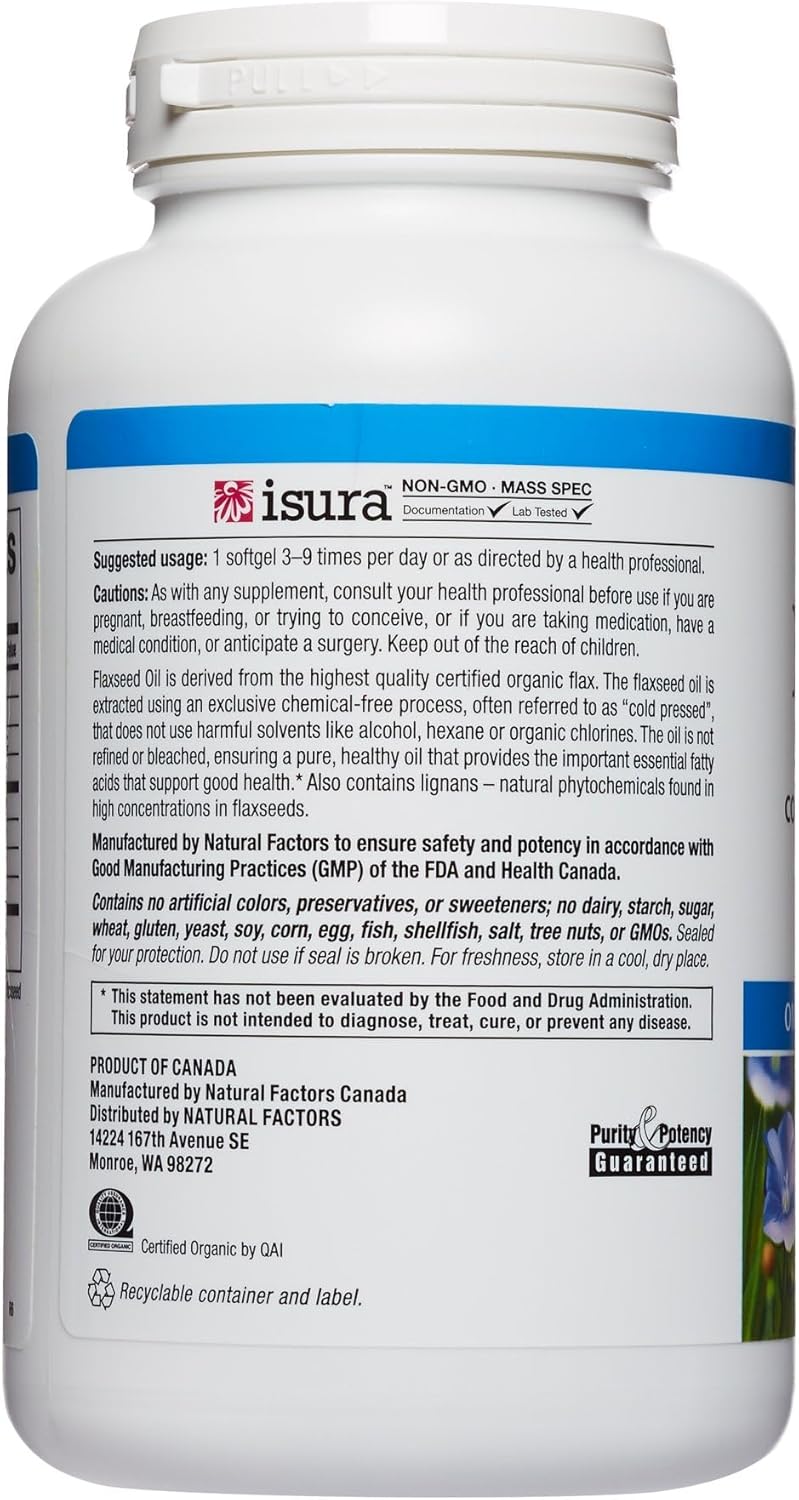 Natural Factors Omega Factors Flaxseed Oil Softgels - Omega-3, 6, 9 Fatty Acids for Overall Health - 180 Servings