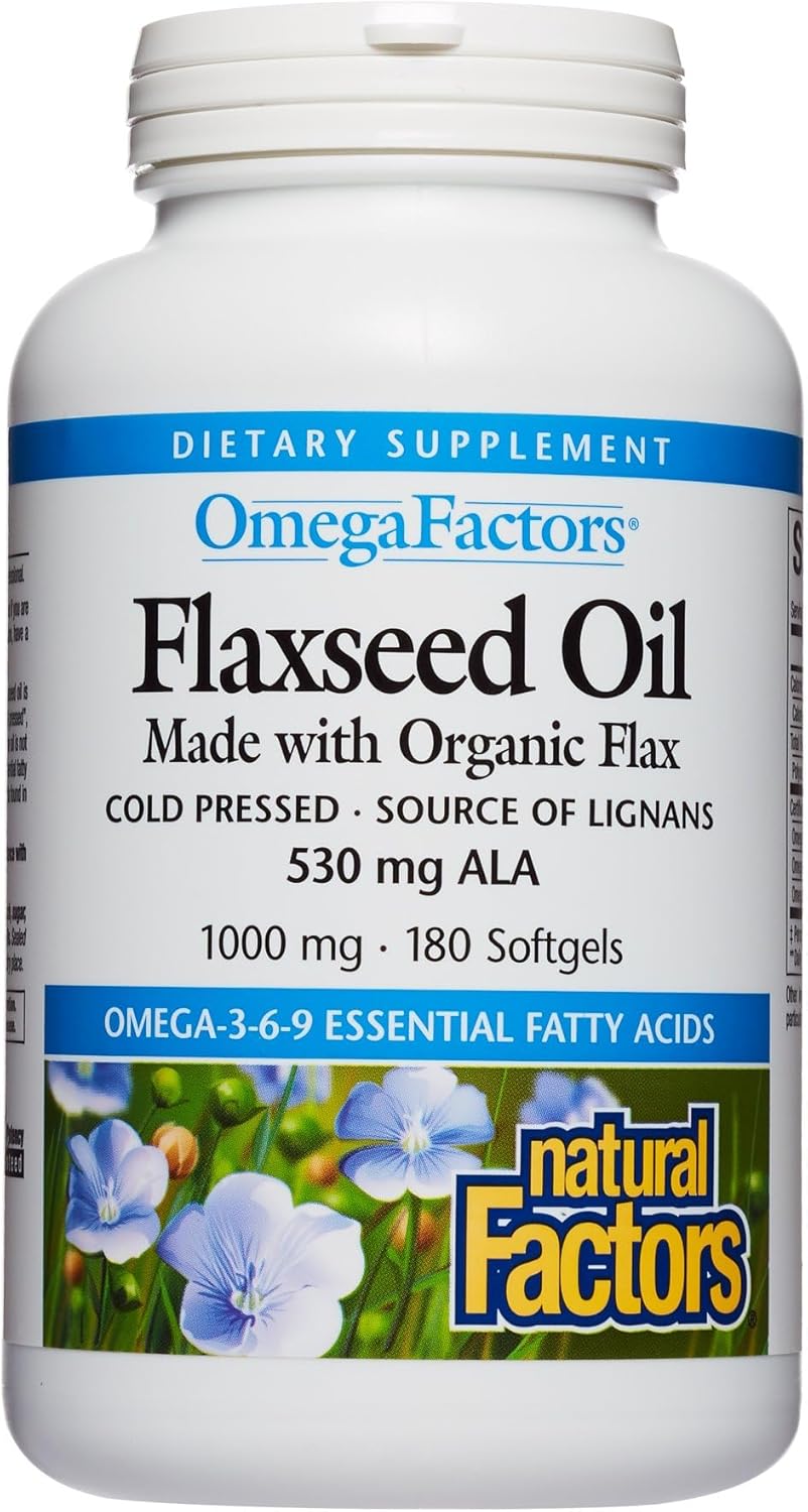 Natural Factors Omega Factors Flaxseed Oil Softgels - Omega-3, 6, 9 Fatty Acids for Overall Health - 180 Servings