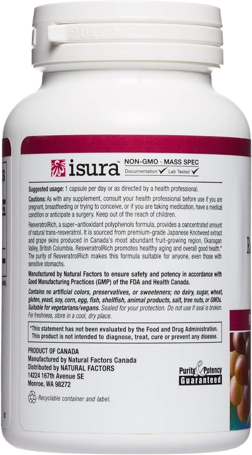 Natural Factors ResveratrolRich Super Strength Concentrate, Supports Healthy Aging, 60 Capsules