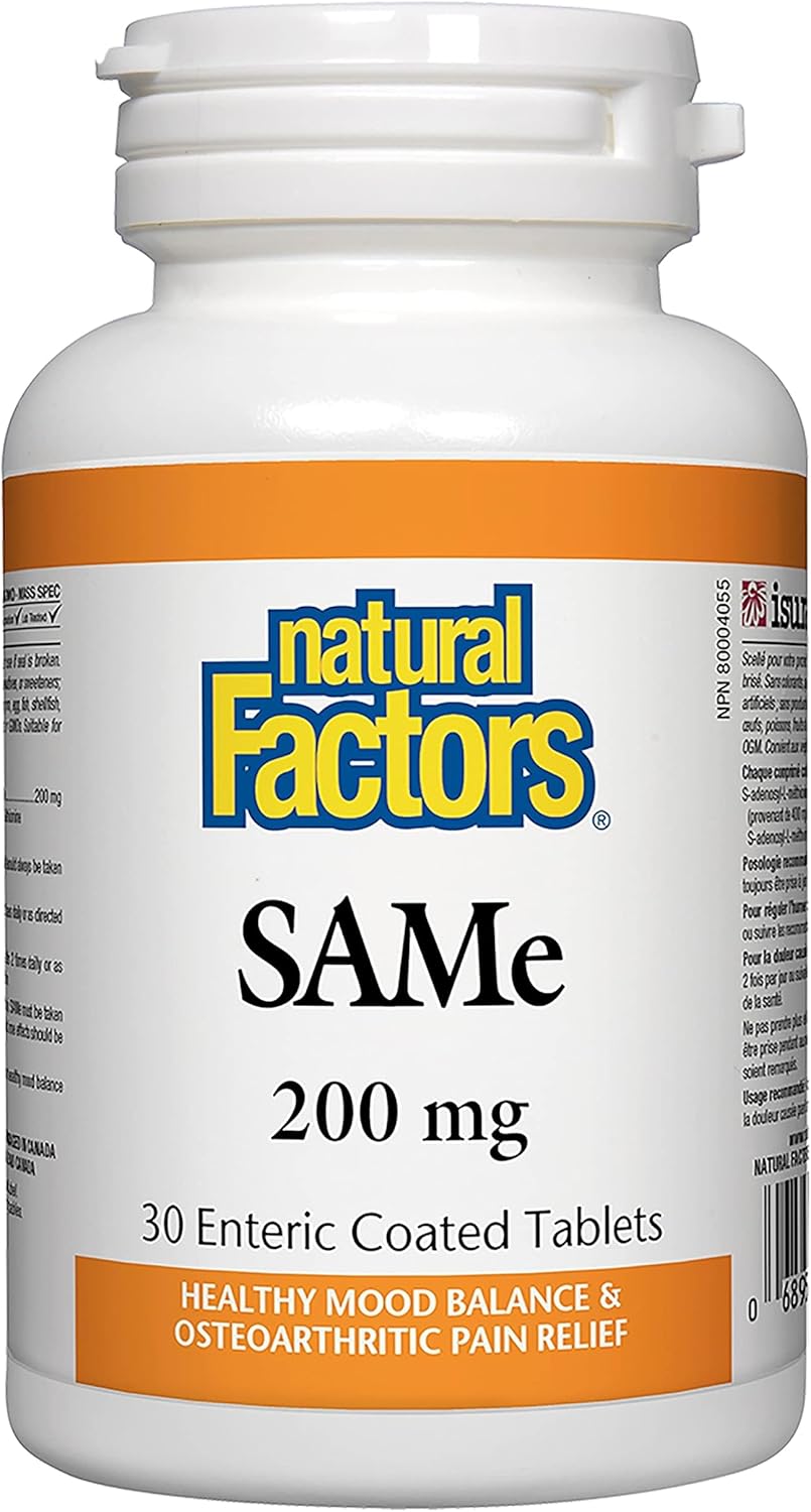 Natural Factors SAMe 200mg Supplement for Joint and Mood Support - 30 Enteric Coated Tablets