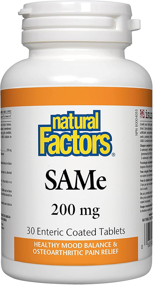 Natural Factors SAMe 200mg Supplement for Joint and Mood Support - 30 Enteric Coated Tablets