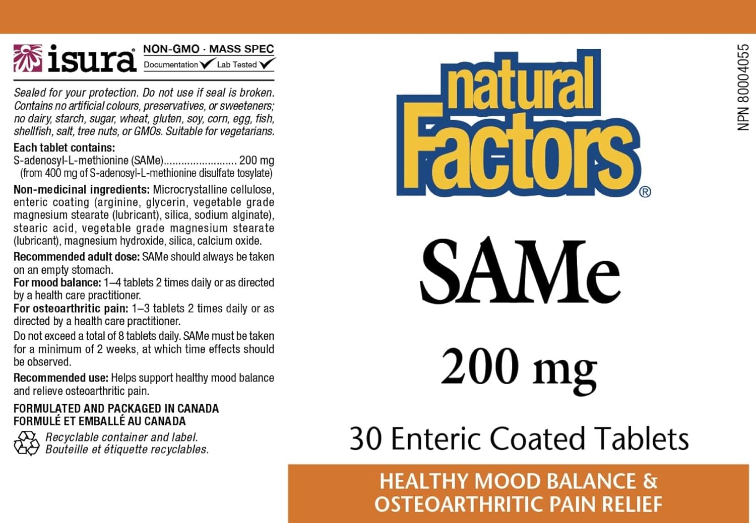 Natural Factors SAMe 200mg Supplement for Joint and Mood Support - 30 Enteric Coated Tablets