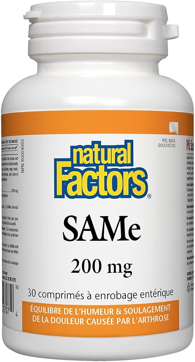 Natural Factors SAMe 200mg Supplement for Joint and Mood Support - 30 Enteric Coated Tablets
