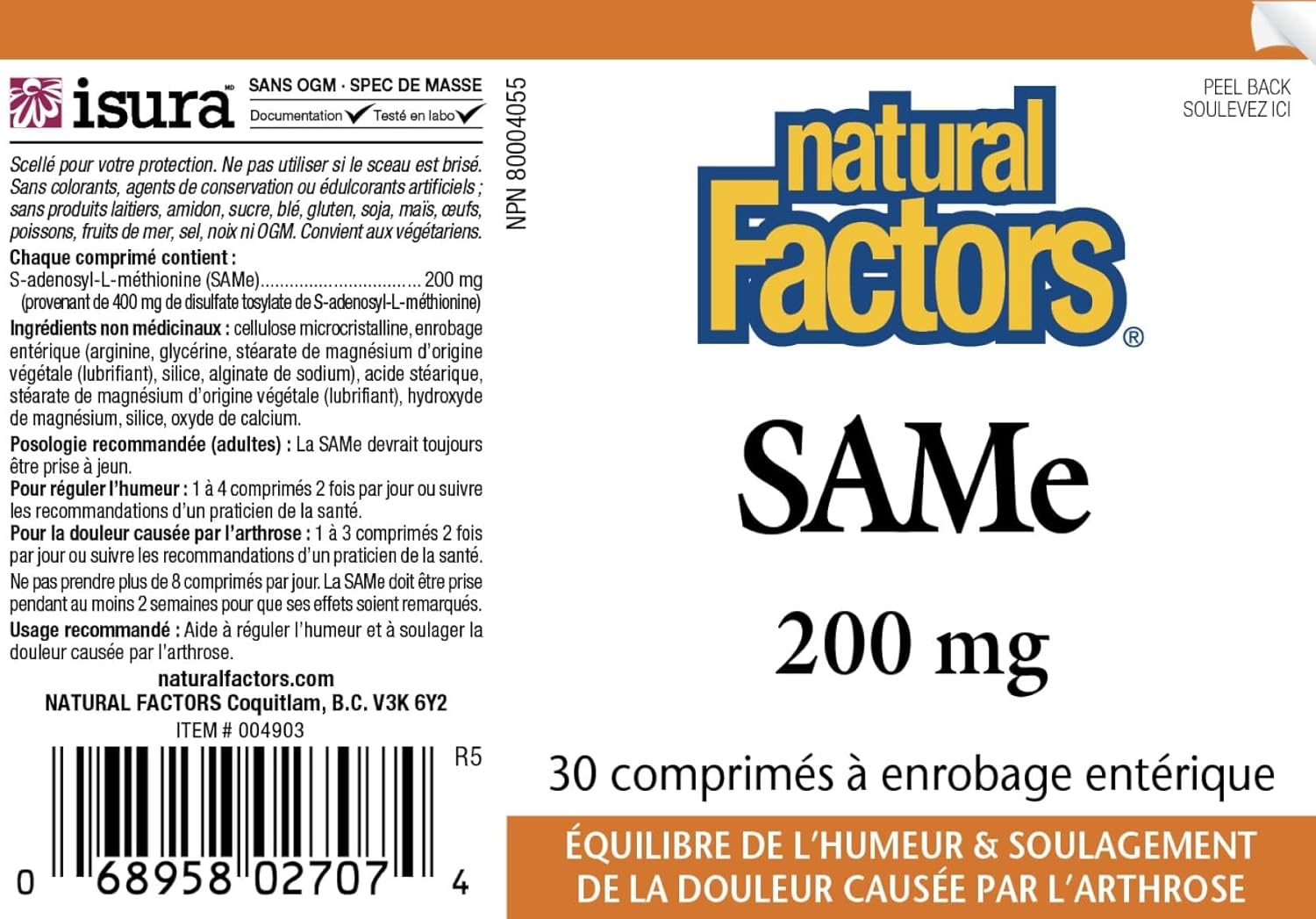 Natural Factors SAMe 200mg Supplement for Joint and Mood Support - 30 Enteric Coated Tablets